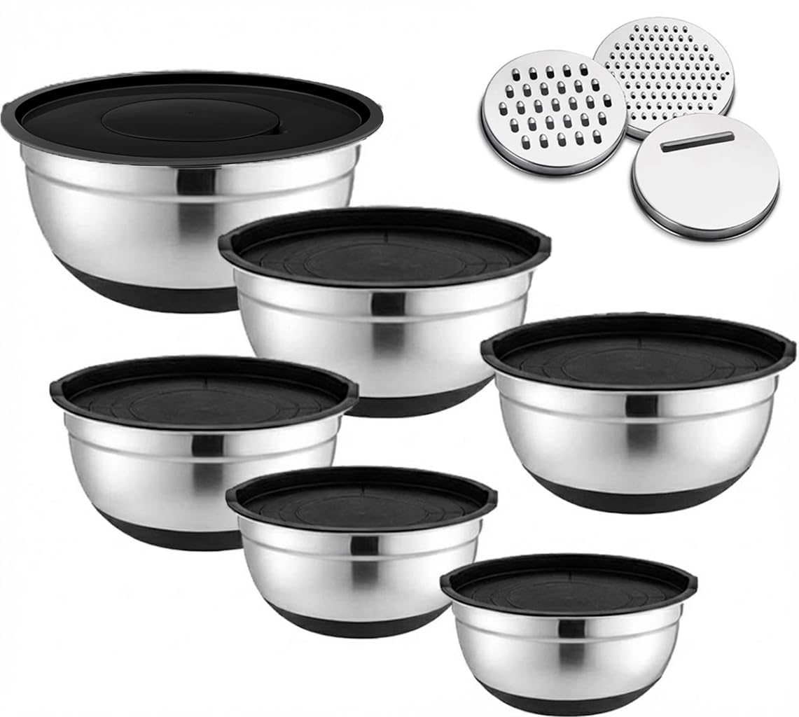 Miska do mieszania, zestaw 6 misek do pieczenia, serwowania, miska ze stali nierdzewnej z przezroczystą pokrywką, 3 nasadki do tarcia, 4,5 l/2,7 l/2 l/1,5 l/1,2 l/0,7 l, do gotowania