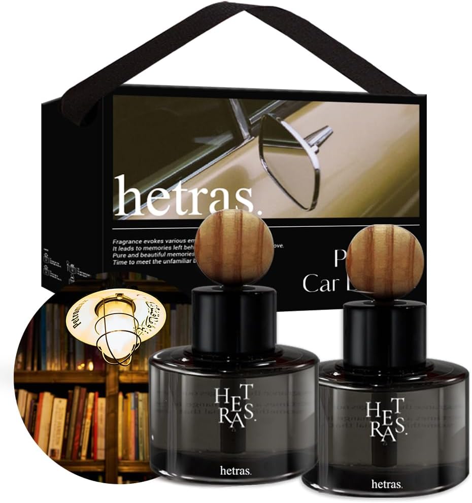hetras Premium Car Diffuser Set 2.6 fl.oz. 2 Pack | Book Store – Woody & Herb Scent | Long-Lasting Luxury Fragrance Air Freshner Car Dash Board Perfume | Gifts for Loved One