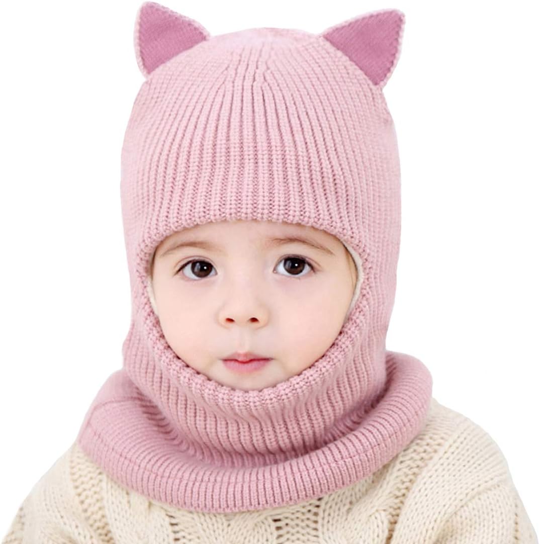 Toddler Winter Hat Baby Balaclava 2 in 1,Fleece Lined Knitted Beanie with Face Mask, Ear Flaps & Pom Pom for Boys Girls