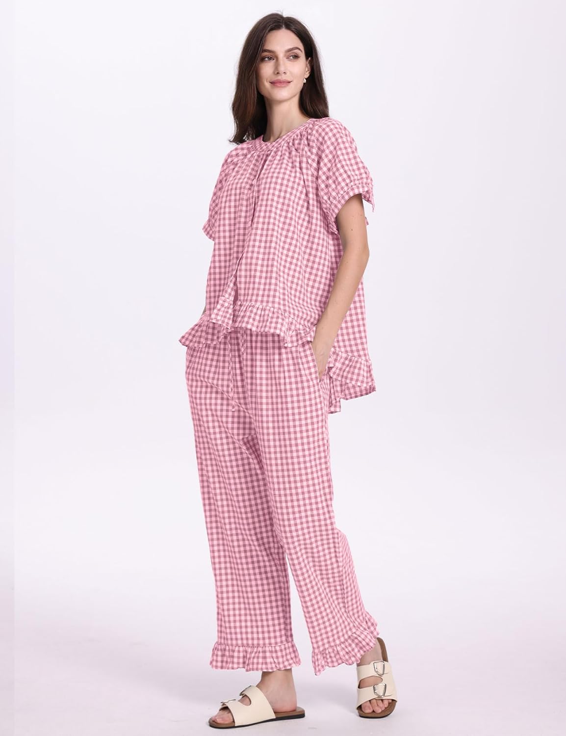 PEHMEA Womens Plaid 2 Piece Cotton Gingham Pajama Sets Short Sleeve Babydoll Shirt Ruffle Pants Y2K Lounge PJS Cute Sleepwear - Image 3