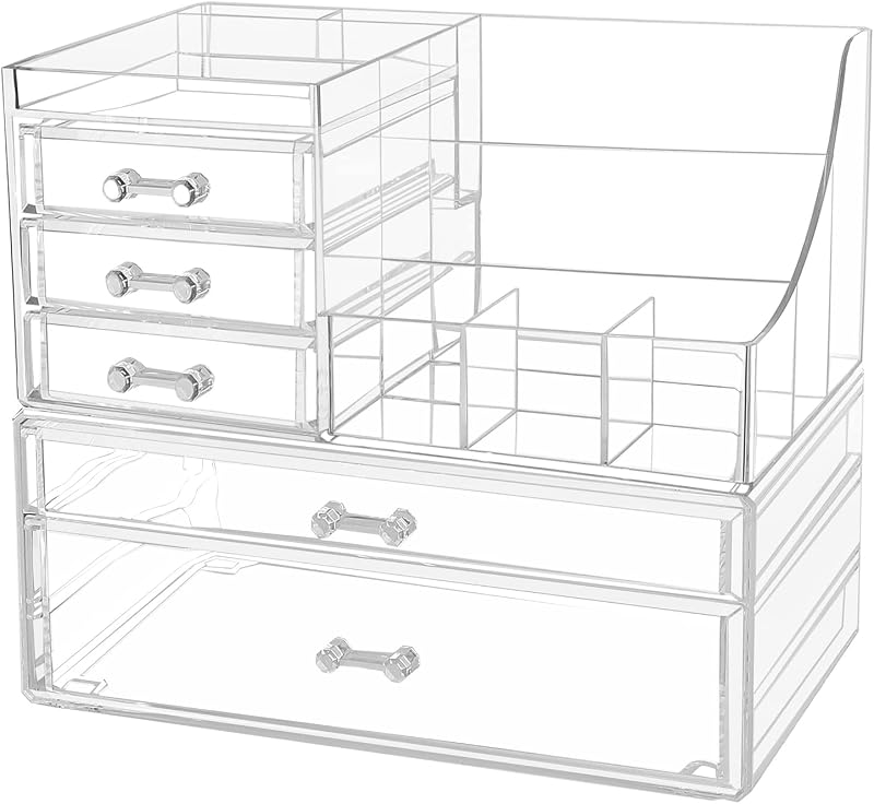 Cq Acrylic Paquete de 2 organizadores de maquillaje transparentes para tocador, organizador de maquillaje apilable de 5 cajones, lindo organizador de escritorio para joyas de tocador, pinza para el cabello, belleza, tocador de productos para el cuidado de la piel, organizador de cajones de acrílico