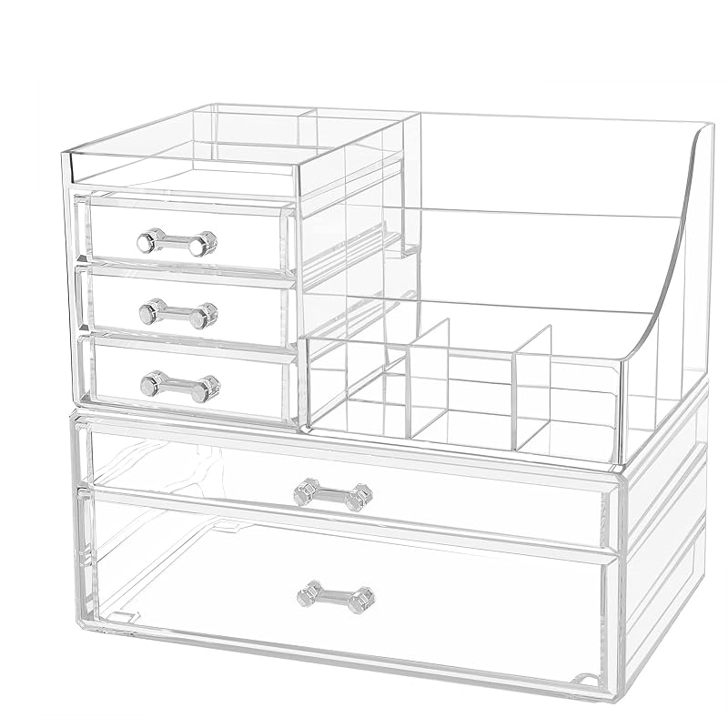 Cq acrylic Organizador Transparente para Maquiagem com 5 Gavetas e 8 Compartimentos, Pacote com 2
