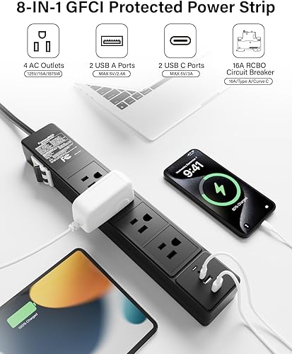 Miniatura 2 de Regleta de alimentación GFCI de 4 salidas con 4 puertos USB (2 USB-C), cable de extensión resistente con protección contra sobretensiones de 6 pies,