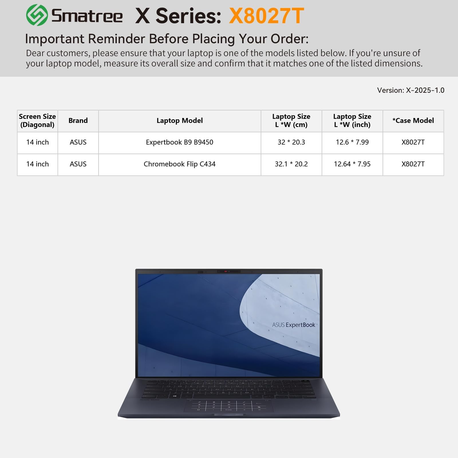 Smatree Hard Funda rígida para portátil de Funda rígida para portátil de EVA Compatible con 14 Pulgadas ASUS Expertbook B9 B9450, para 14 Pulgadas ASUS Chromebook Flip C434 (X8027T)