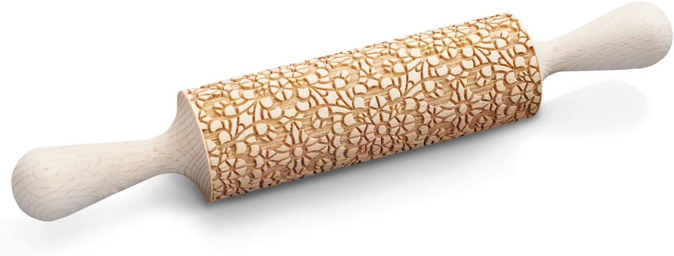 Delicate Lace Rolling Pin, 3D cookie stamp, floral ornamental pattern imprint utensil, engraved and embossing cookie stamp, guipure cookie roller