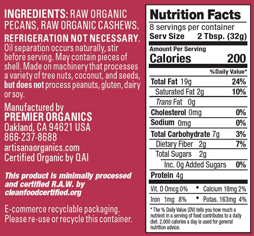Artisana Organics Raw Pecan Butter With Cashews - No Sugar Added, Just Two Ingredients - Vegan, Paleo And Keto Friendly, Non-Gmo, 9Oz Jar #TOP5