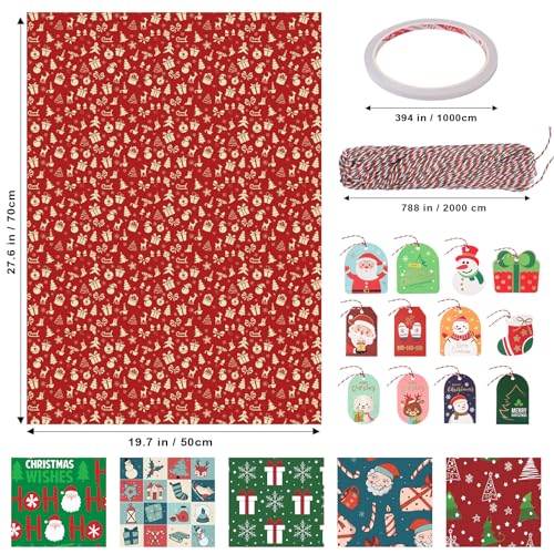 Ceryvop 12 Sheets Christmas Wrapping Paper Set, Christmas Kraft Gift Wrap Bundle with Gift Tags for Gift Wrapping, Wrapping Paper for Christmas New Year Holiday, Gift Deco, DIY, 28x20 Inches