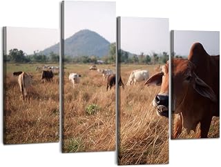 Canvas Wall Art Prints Pictures Cow field Framed Posters Modern Wall Painting Artwork Gift Home Decor for Living Room Ready to Hang 4 Panel
