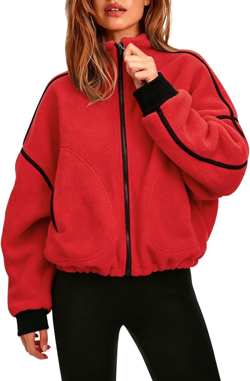 QINSEN Women Fleece Jacket Cropped Full-Zip Up Sherpa Jackets Warm Stand Collar Outerwear with Pockets
