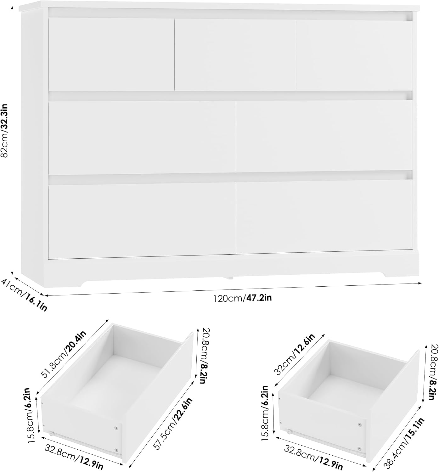 Diagram showing the dimensions of the FACBOTALL 7-Drawer Dresser and its individual drawers.