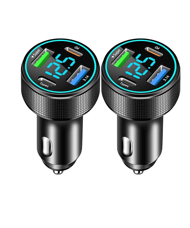 Carregador veicular GemCoo com 4 portas USB, 66 W, USB-C PD de 30 W e voltímetro LED azul, liga de alumínio, 12 V, kit com 2 unidades