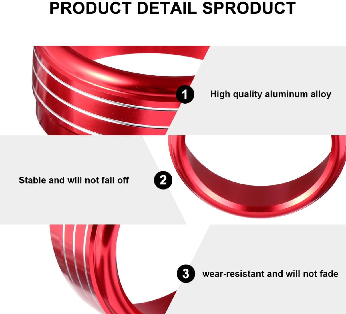 Car Air Conditioner Button Rings, 3Pcs Red Aluminum Alloy Trim Covers