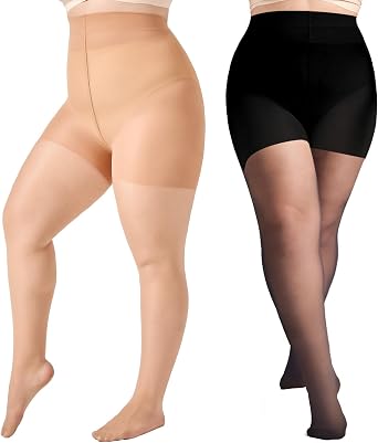 2 Pairs Plus Size Control Top Pantyhose Ultra-High Waist Tights | 40D Plus Size Tights Sheer Shaping Support Stockings Sexy Nylon Stockings