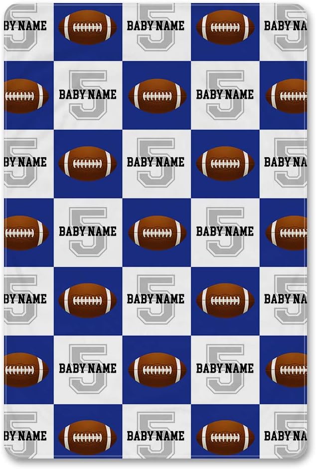 NICTIMEID Football Baby Blankets Toddler Bedding Quilt Personalized Name and Team Number for Boys, American Football Newborn Gifts, Sherpa Fleece 31 x47 inch, Blue and White