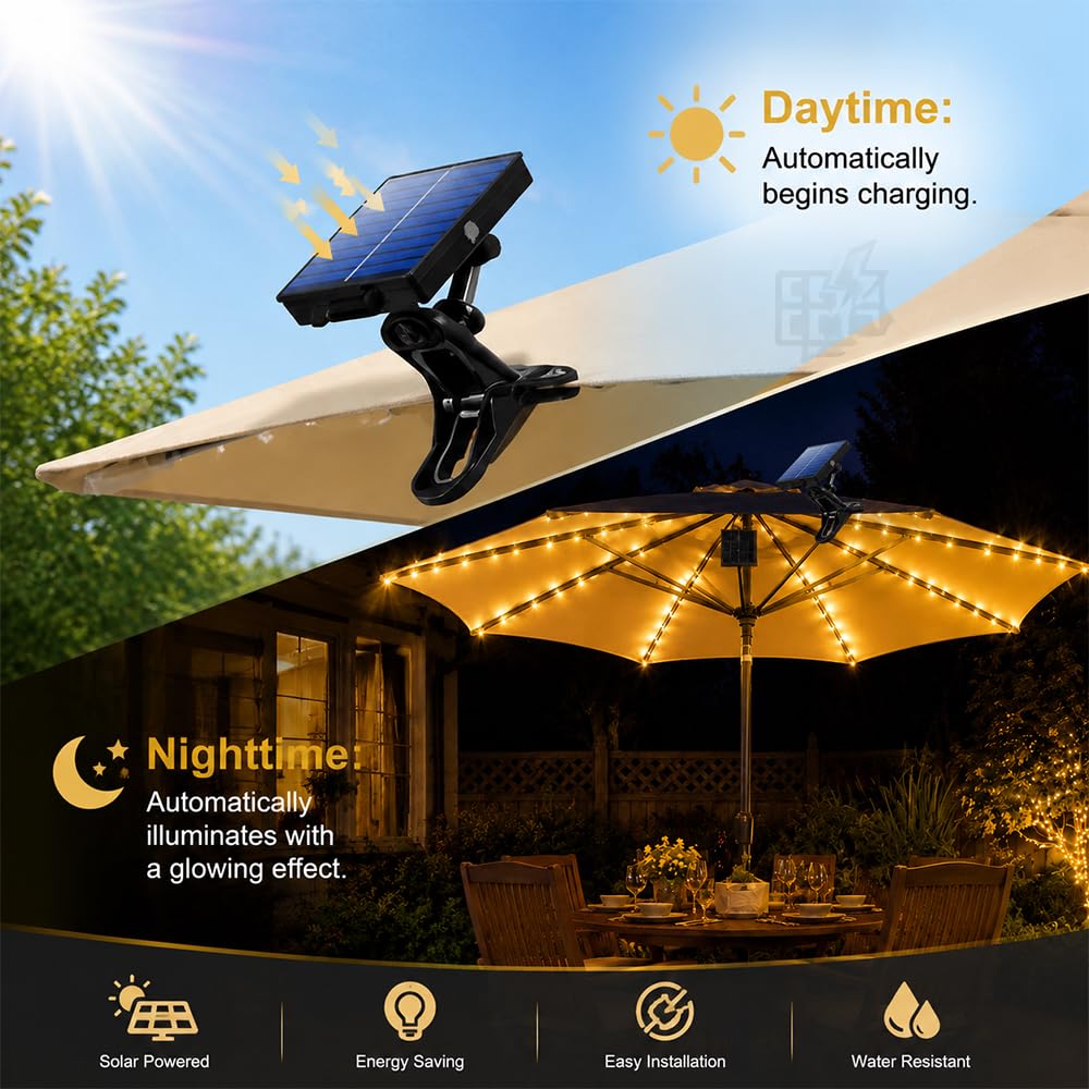 Illuminazione solare per ombrellone, con 104 LED e 8 modalità, telecomando e clip, catena luminosa impermeabile, per campeggio, tenda esterna
