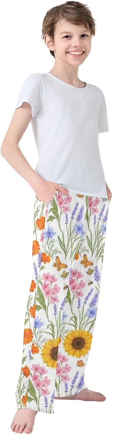 Wildflower Botanical White Pajama Pants, Soft Comfort Modal Lounge Sleepwear with Elastic Waist & Pockets