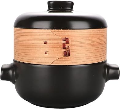 Ceramic Stockpot Japanese Round Stewpot Ceramic Casserole Clay Pot Steam Stew Pot,Natural Bamboo Steamer Basket for Household Kitchen,Black,2.5L