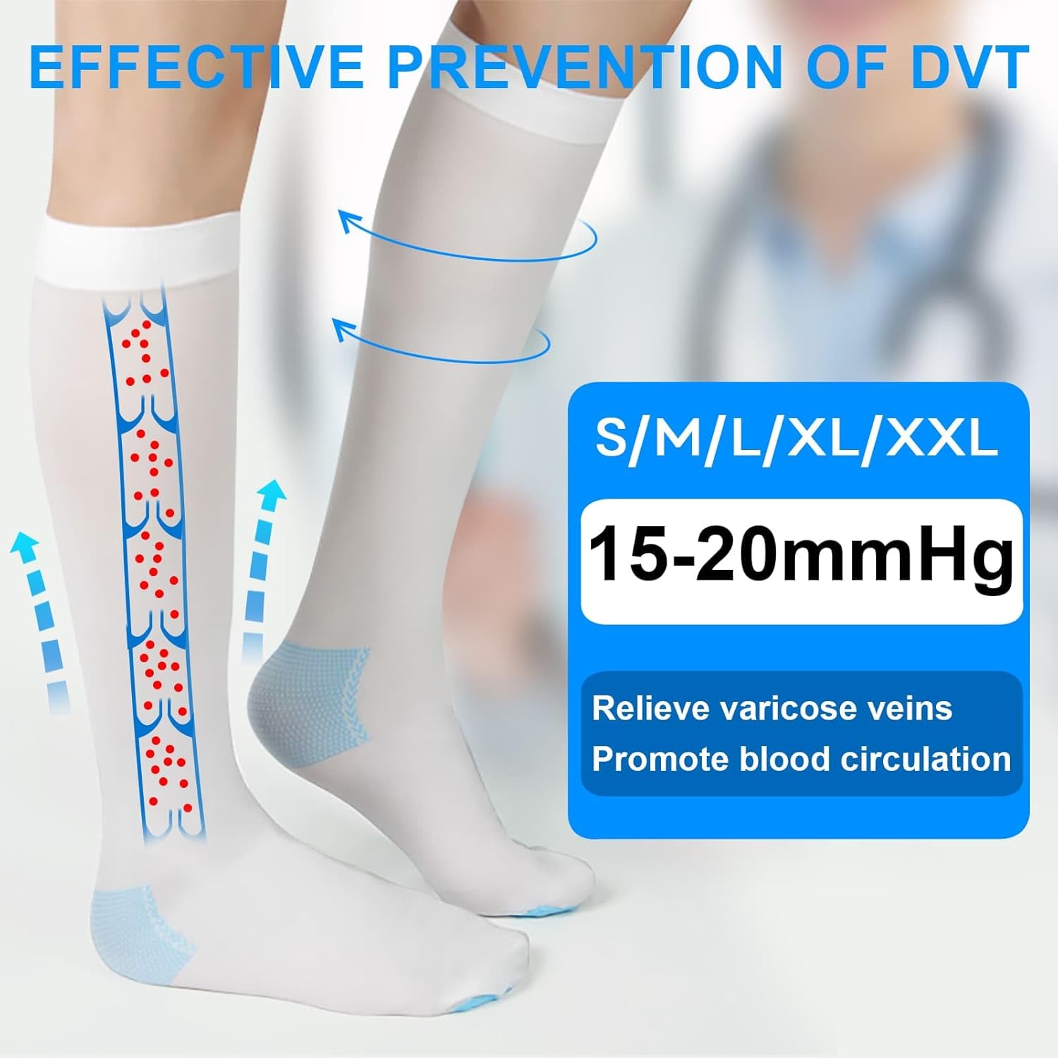 2 Pairs Medical Grade 15-20mmHg TED Hose Compression Stockings for Women & Men, Knee-High Anti Embolism Stockings with Inspection Hole, Unisex White - Image 2