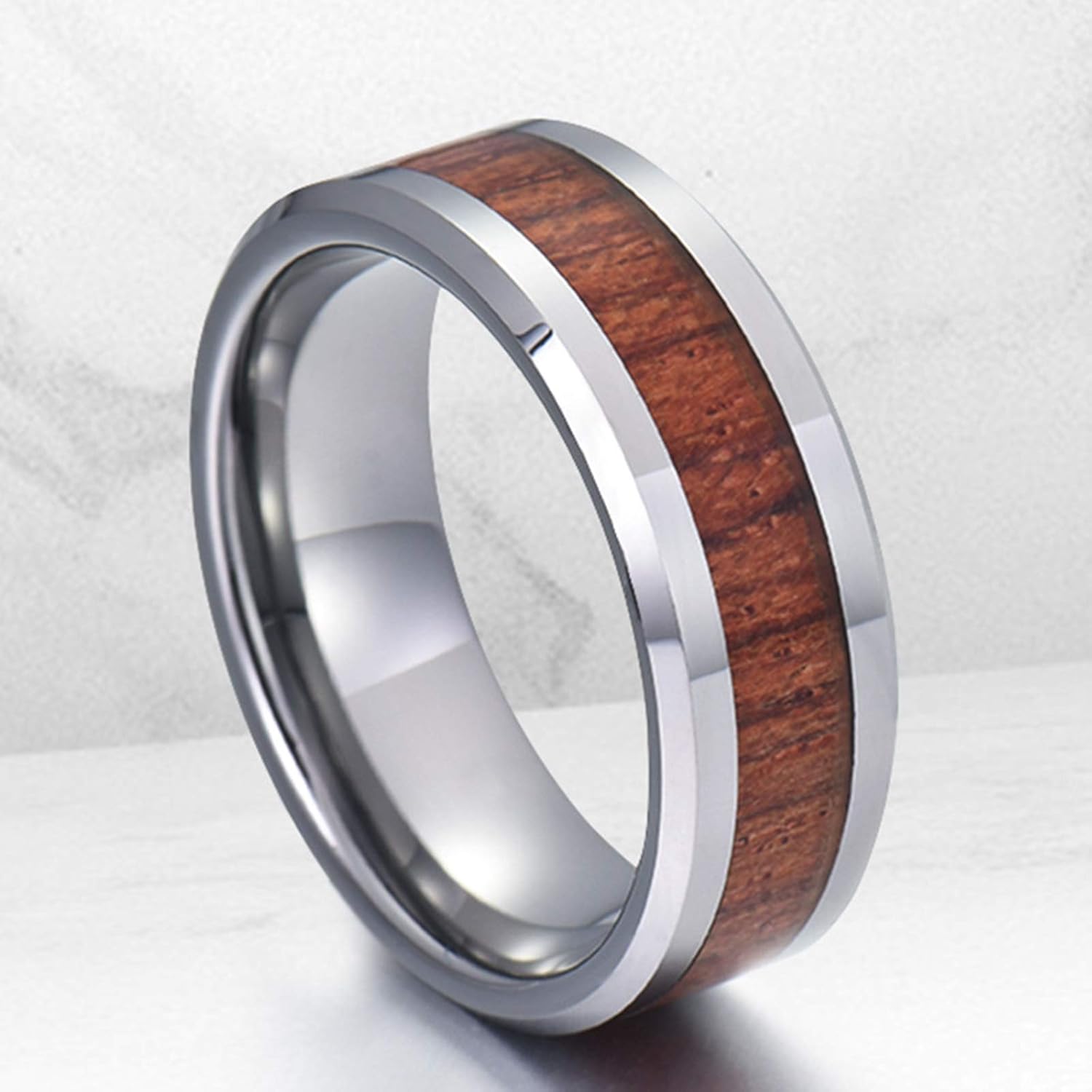 Marriage Rings for Couples Set, Silver Engagement Ring 8mm Wooden Beveled Edge Birthday Gifts Rings Size W9M9