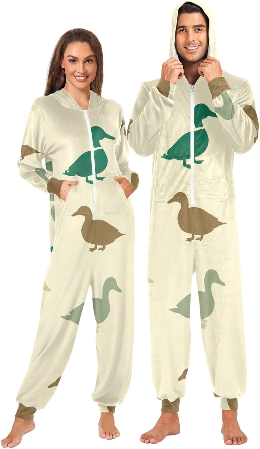 Cute Ducks Beige Adult Onesie Pajamas, Soft Hooded One Piece Sleepwear for Men Women Christmas Loungewear