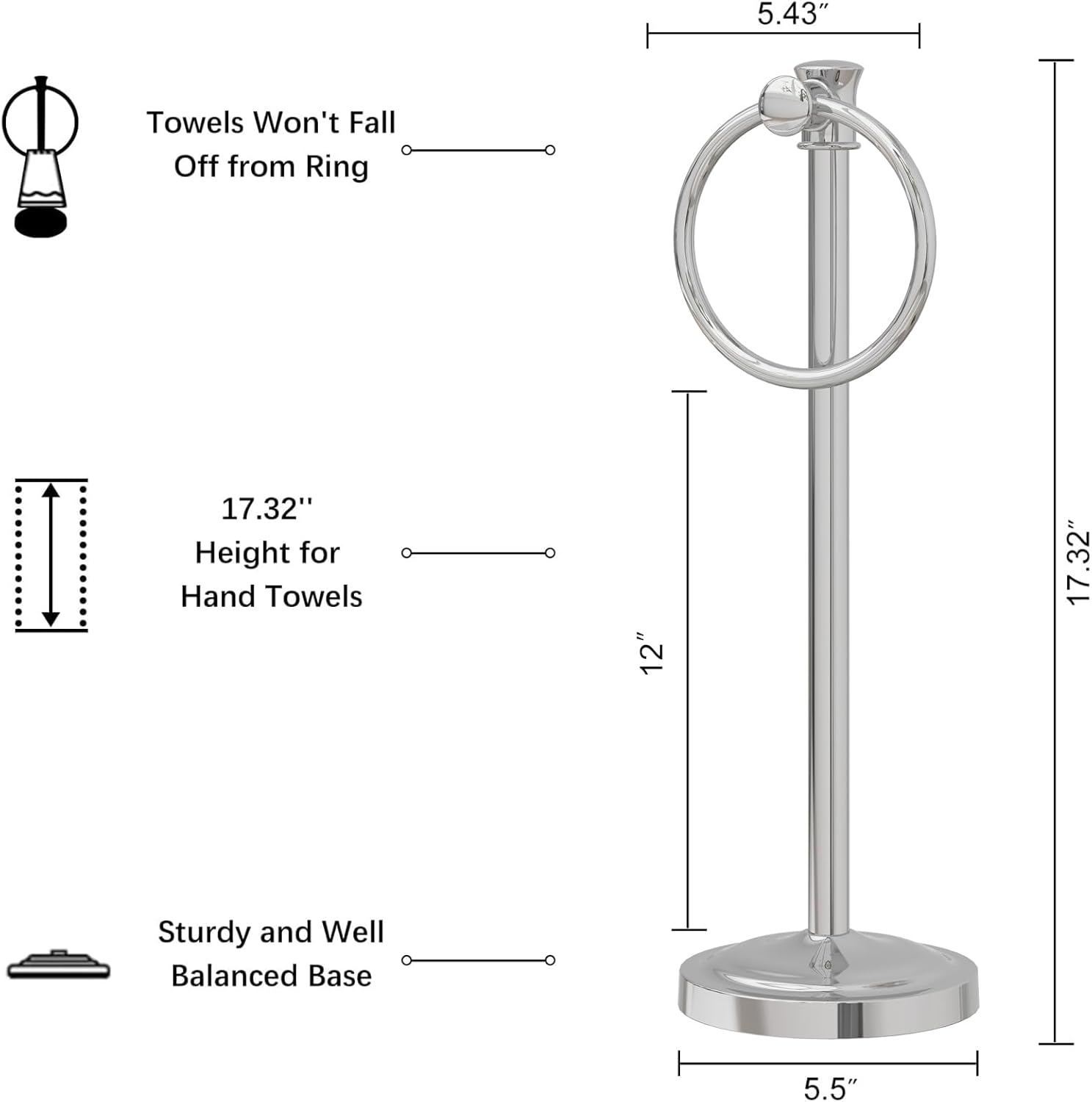 Hoimpro 17 Inch Stand Hand Towel Holder Towel Bar Towel Hanging Ring, Free Standing Floor Hand Towel Rack Storage for Bathroom Kitchen Vanity Countertops, Hardware Accessories(Polished Chrome) - Image 7