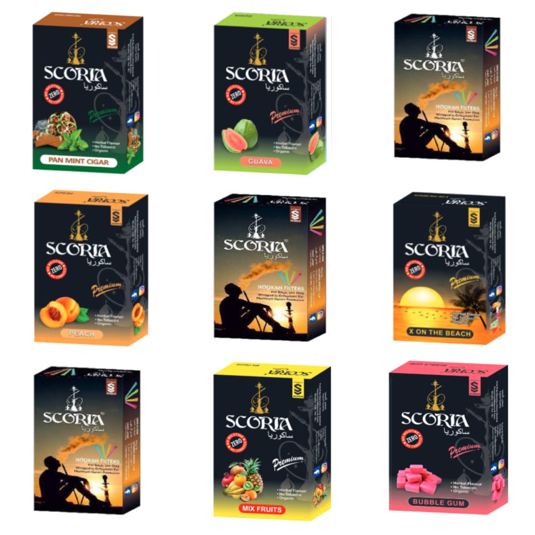 SCORIA Herbal Hookah Molasses (100% Nicotine and Tobacco Free) PAN MINT CIGAR, GUAVA,PEACH,X ON THE BEACH,MIX FRUITS,BG Flavor (Pack of 9)