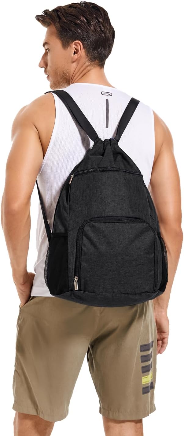 Drawstring Backpack with Wet Pocket & Shoe Compartment, Water-Resistant Sports Gym Swim String Bag for Women Men(Black) - Image 4