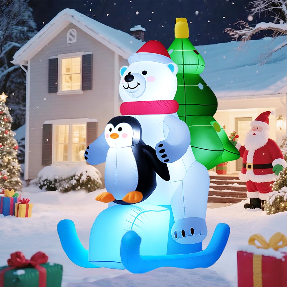 GARIG Ours blanc gonflable de Noël de 2,1 m avec pingouin - Décorations de jardin gonflables avec LED intégrées pour fête en plein air, cour, jardin