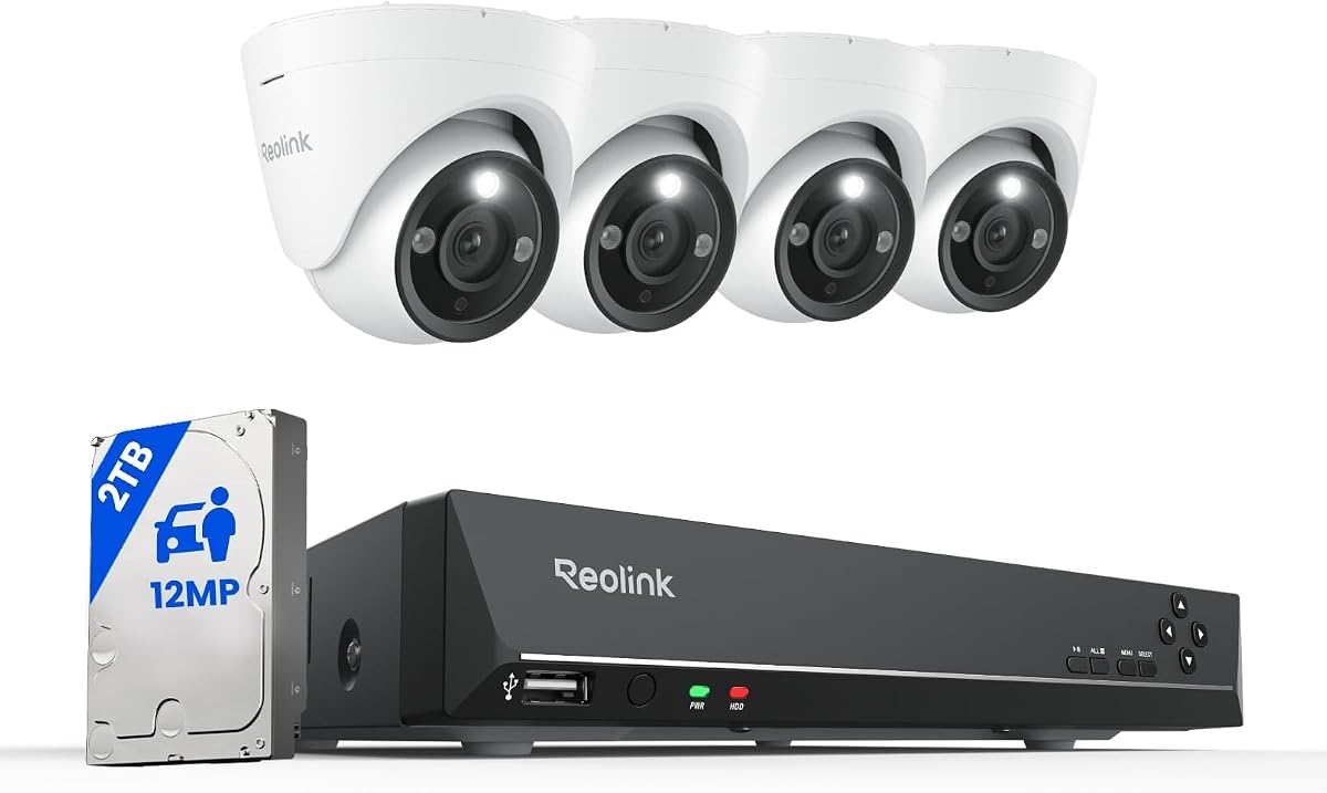 REOLINK 8CH 12MP PoE Security Camera System with 2TB HDD RLK8-1200D4-A | 4pcs Wired PoE Cameras, Smart Detection, Color & Infrared Night Vision, 24/7 Recording, Two-Way Talk, Perimeter Protection
