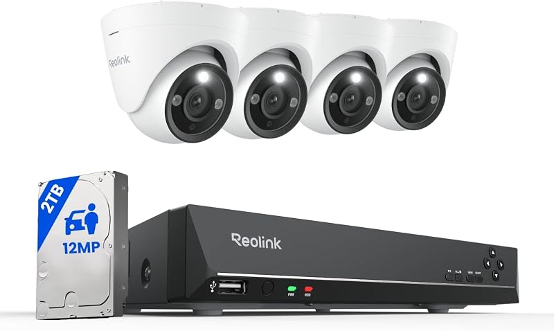 REOLINK 8CH 12MP PoE Security Camera System with 2TB HDD RLK8-1200D4-A | 4pcs Wired PoE Cameras, Smart Detection, Color & Infrared Night Vision, 24/7 Recording, Two-Way Talk, Perimeter Protection