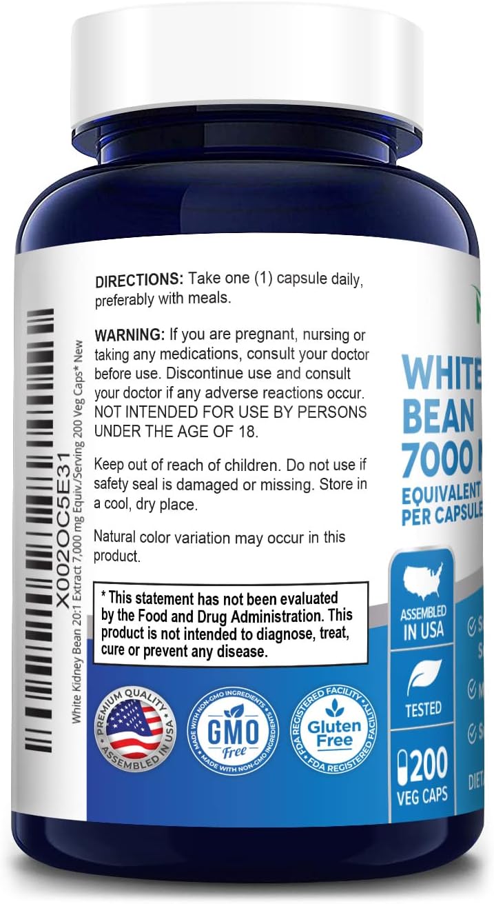 NusaPure White Kidney Beans 7,000 mg per Veggie Capsule | 200 Count | Extract 20:1 | Vegetarian, Gluten-Free and Non-GMO