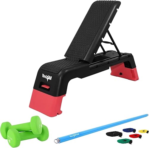 Miniatura 1 de Yes4All Adjustable Workout Aerobic Exercise Step Platform with Neoprene Coated Dumbbell Hand Weight Sets of 2 and Total Body Workout Weighted Bar