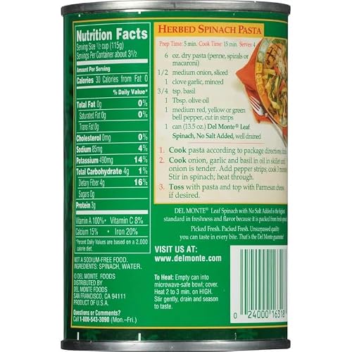 Del Monte No Salt Added Leaf Spinach 13.5oz Can (Pack of 12) - Thumbnail 2