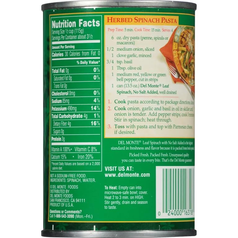 Del Monte No Salt Added Leaf Spinach 13.5oz Can (Pack of 12)