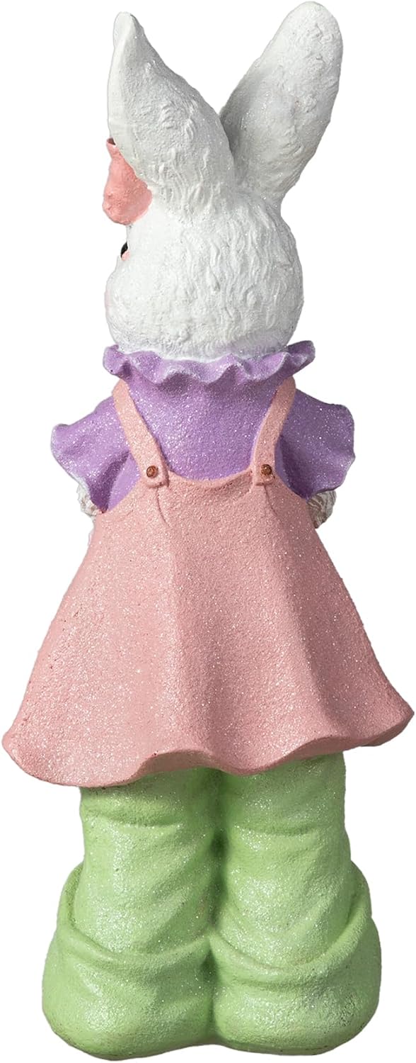 Glitzhome 17.5'H Easter Bunny Girl Table Statue Decoration, Cute Resin Rabbit Figurine with Flowers Basket, Spring Bunny Rabbit Easter Party Table Ornaments