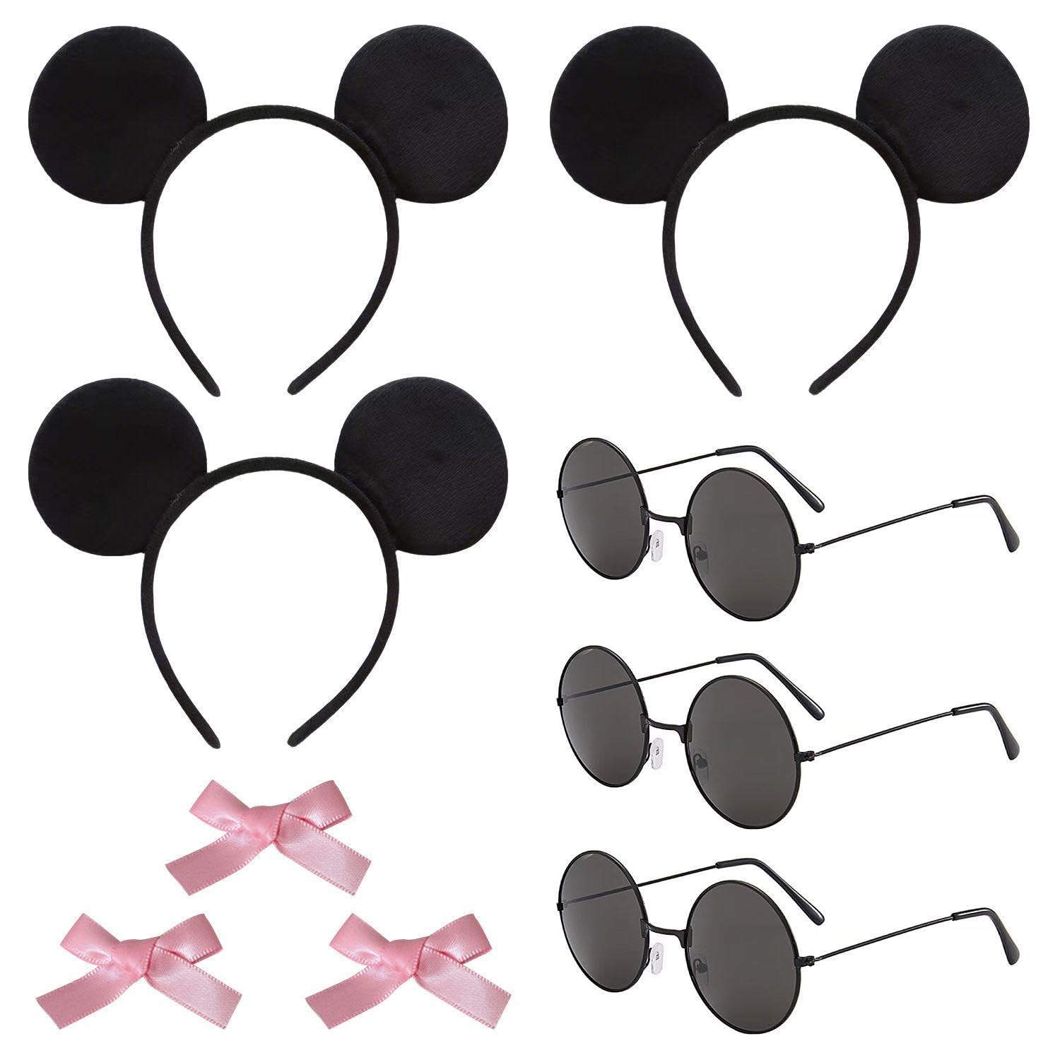 HINFHI 3 Pieces Mouse Ear Headbands, 3 Pieces Glasses, 3 Pieces Bow Hair Clips, Cute Suits, Creative Play Props, Performance Party Hair Accessories.