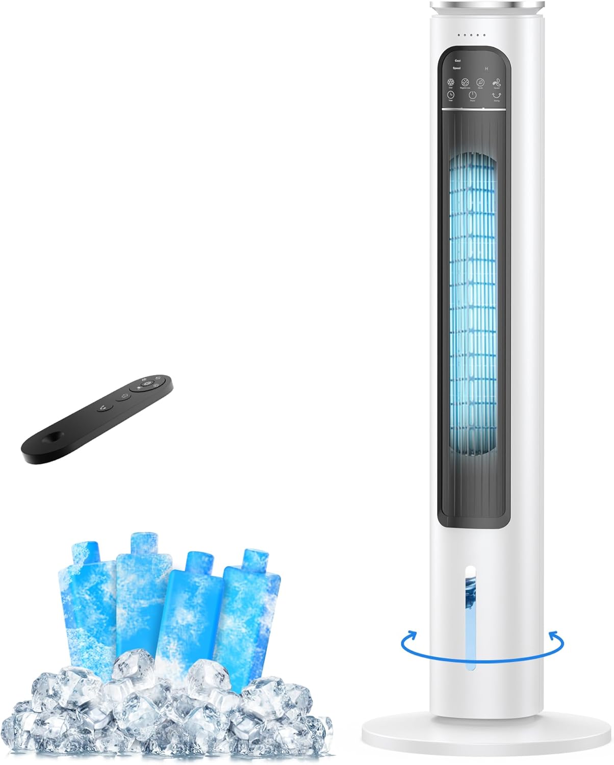 Windowless Portable Air Conditioners, 37’’ Evaporative Air Cooler w/Remote, Cooling Tower Fan, 2.5L Water Tank & Ice Packs, 12H Auto-off, 70° Oscillating, Ultra-Quiet Standing Fan For HomeOffice,White