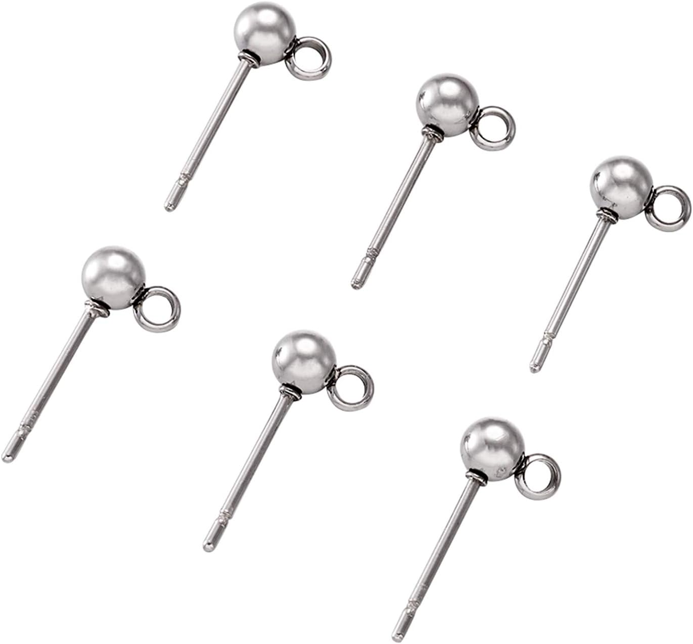 Craftdady 100Pcs Stainless Steel Ball Post Earring Studs Round Spherical Head Metal Pierced Ear Pins with Loop 17x9mm for Dangle Earring Jewelry Making Hole: 1mm