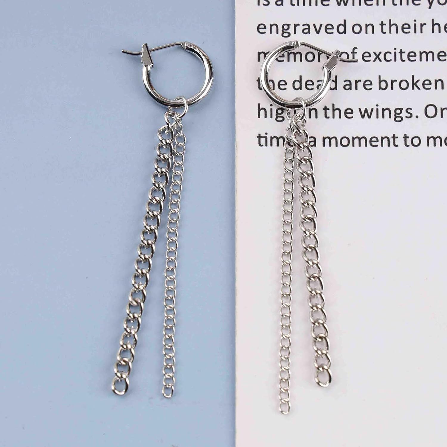 Vintage Chain Tassel Earrings Silver Metal Chain Earrings Long Chain Huggie Hoop Earrings Punk Fringe Chain Drop Earrings Jewelry for Women - Image 3