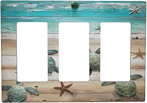 Decorative Outlet Covers Turtle Starfish Beaches Blue Wood Plank 3 Gang Wall Plate Triple Rocker Light Switch Cover Plate Jumbo Electrical Gfci Faceplate for Bathroom Decor