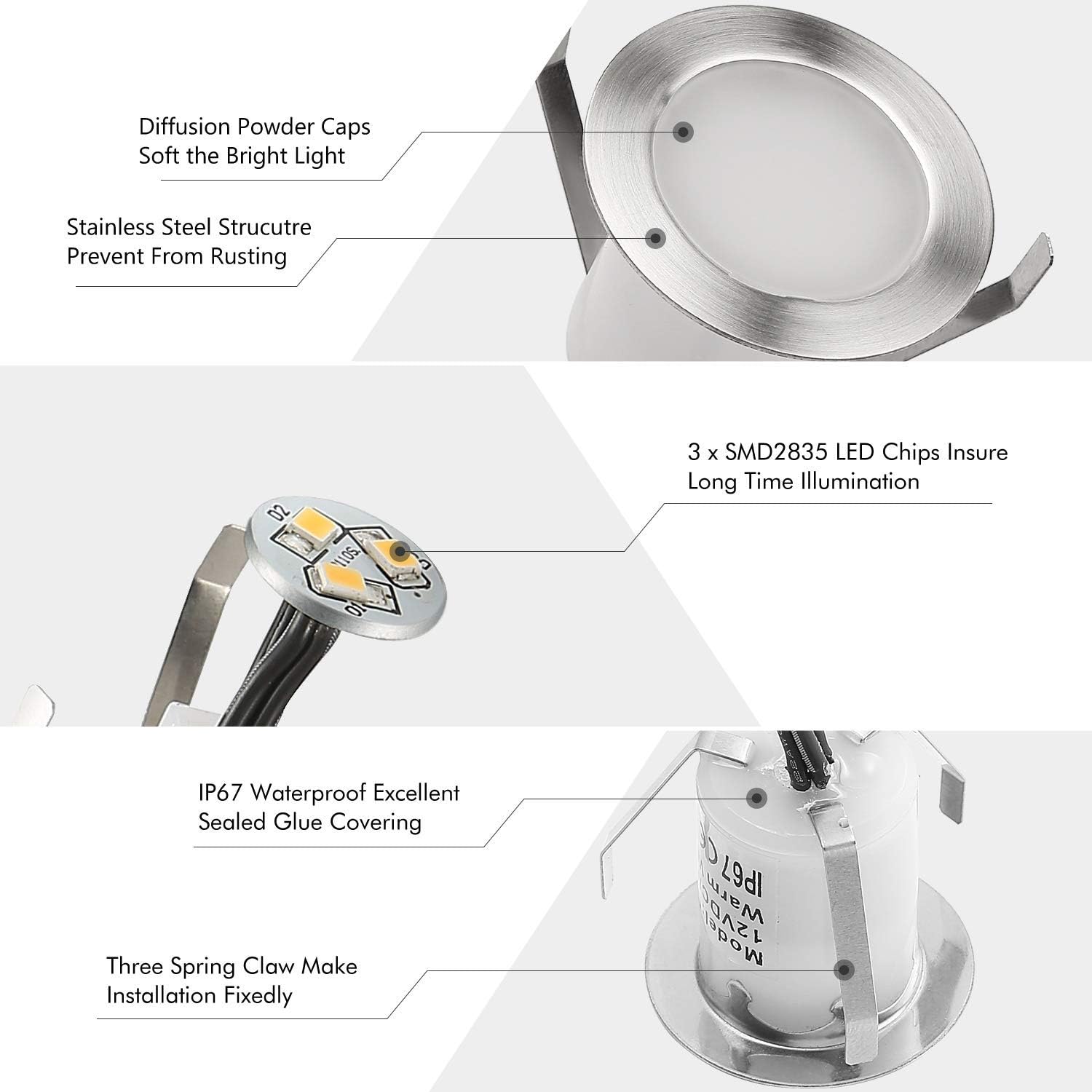 6 kit faretti da incasso a LED per terrazza sepolta plafoniera,LED da incasso 0,6 W IP67 DC12 V, impermeabile, lampada esterna per strada, scala, piscina, cortile, bagno bianco caldo