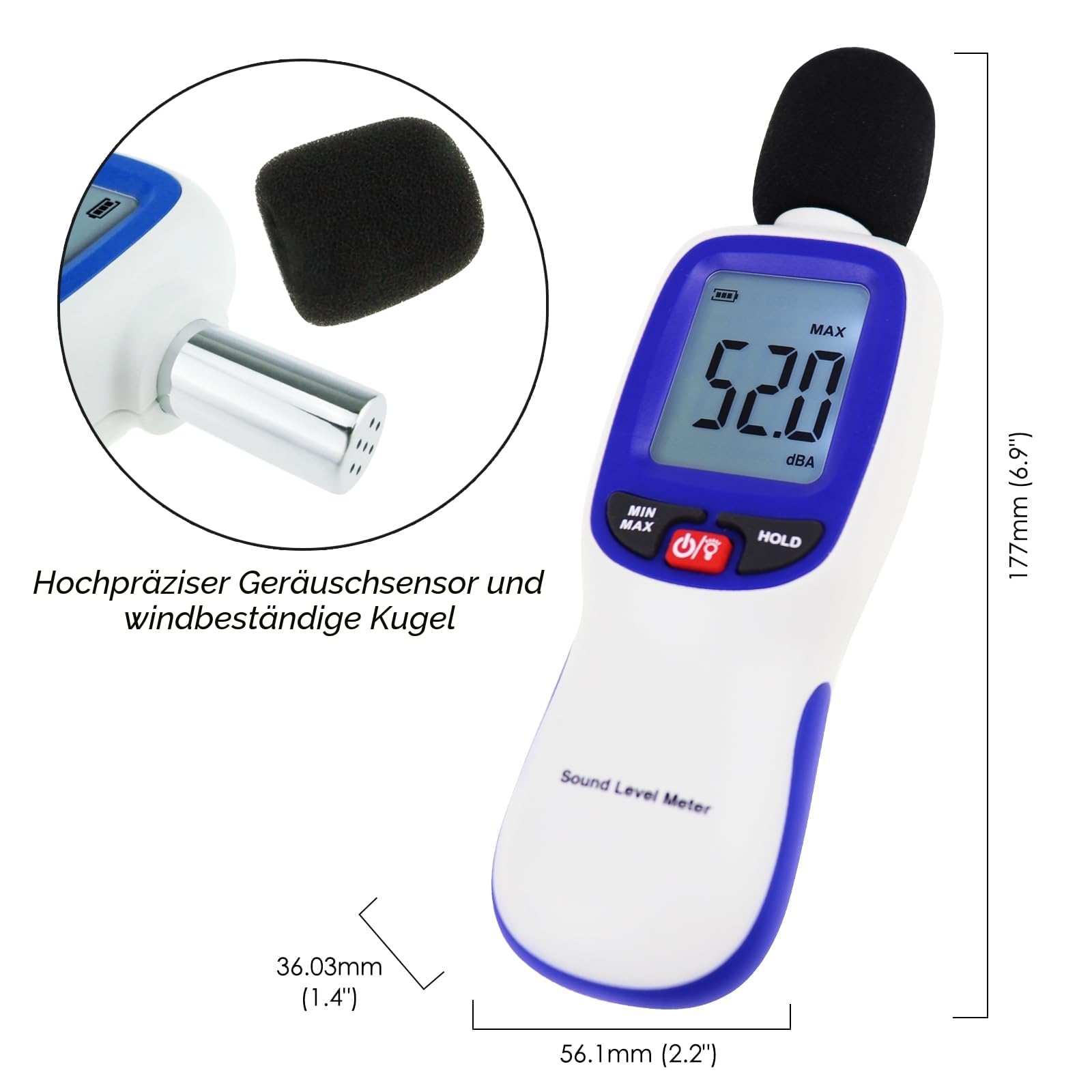 Dezibel-Messgerät, kabellos, Schalldämmungsmesser mit App, Datenprotokollierung, Bluetooth, tragbar, Schallpegelmesser, hohe Genauigkeit, SPL-Meter für Klassenzimmer, Büro, Zuhause usw.