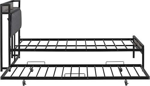 Miniatura 9 de Cama de plataforma de tamaño matrimonial con nido, marco de cama de plataforma matrimonial de metal con cabecera tapizada, enchufes, puertos USB y