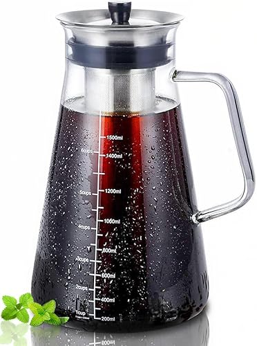 Aquach Cafetera hermética para preparar café frío (té helado) de 51 onzas/1.5 L, sin BPA, jarra de vidrio de borosilicato duradera y filtro de malla