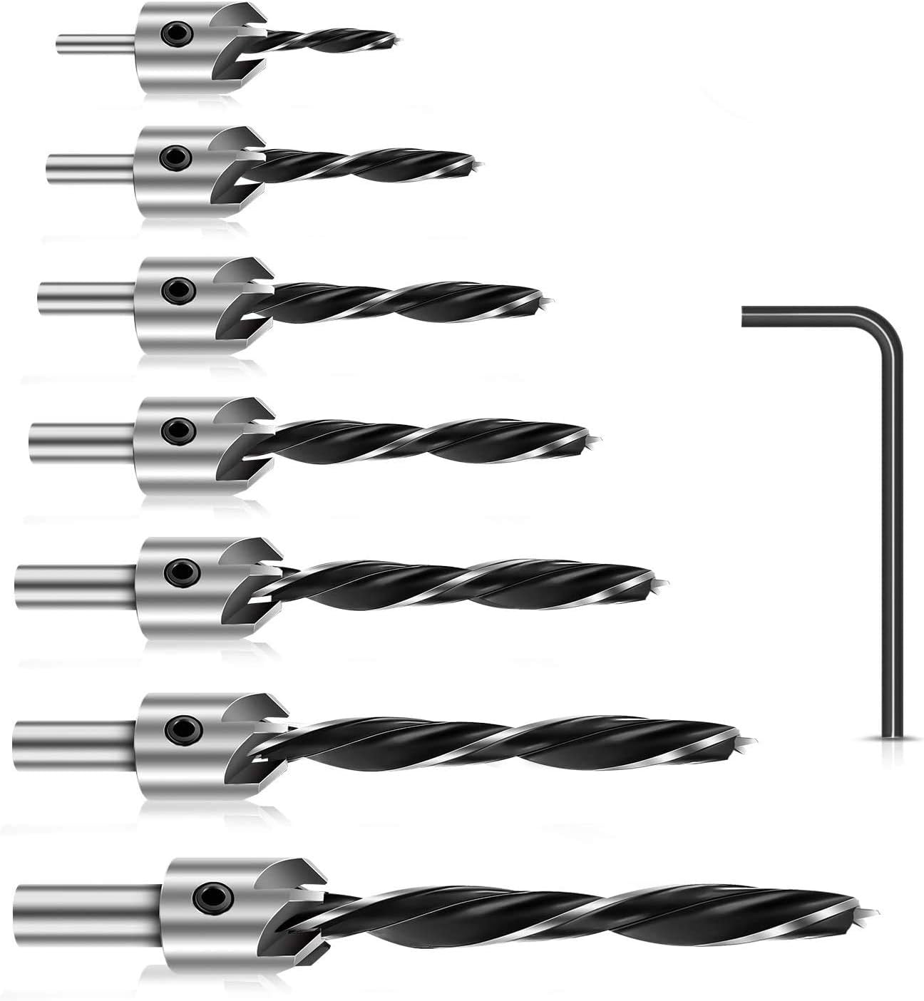 Werkzeug Countersink Drill Bits Set- 7Pcs Counter Sink Bit for Wood High Speed Steel, Woodworking Carpentry Reamer With 1 Free Hex Key Wrench