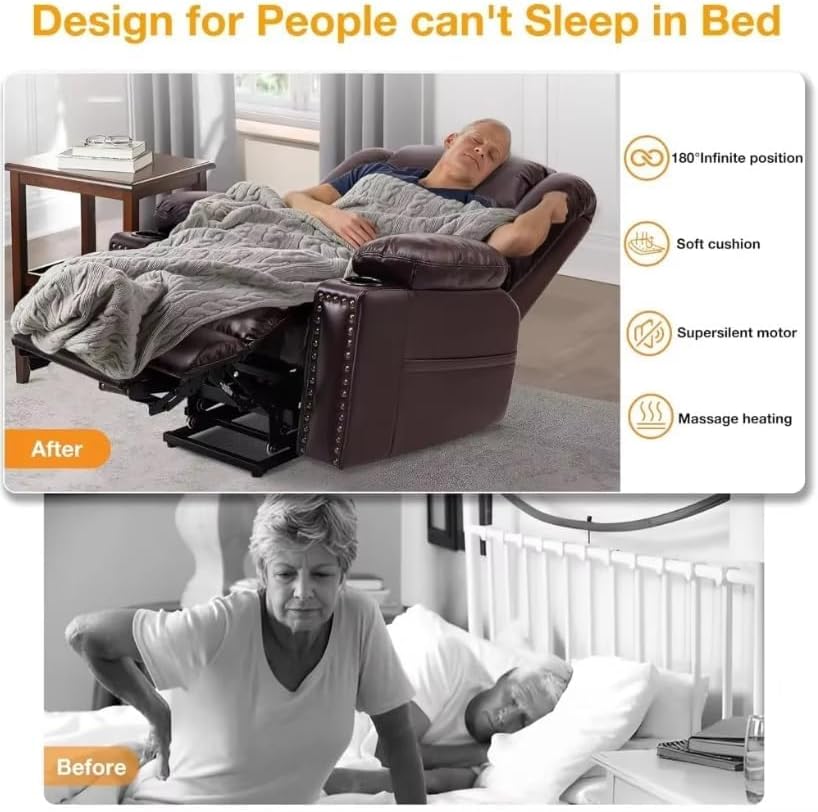 Recliner Sofa Power Lift Chair PU Leather Adjustable Lay Flat Heat Massage for Adults Elderly Living Room