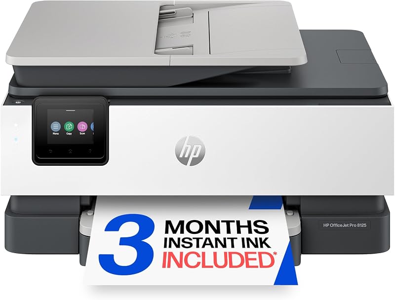 HP OfficeJet Pro 8125 Wireless All-in-One Color Inkjet Printer, Print, Scan, Copy, ADF, Duplex Printing Best-for-Home Office, 3 Month Trial of Instant Ink Included, AI-Capable (C2VJ4A)