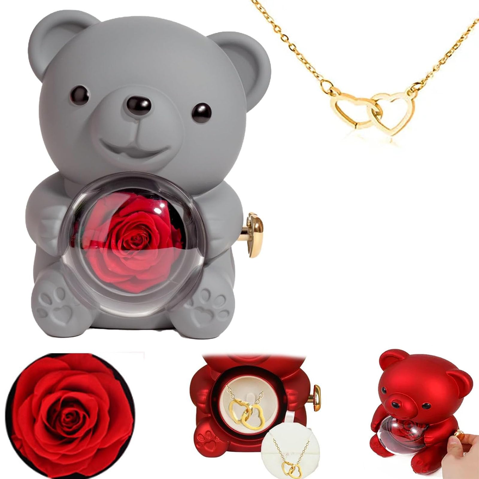 Engraved Heart Necklace - With Real Rose Bear Giftbox, Preserved Rose Gifts Set, Eternal Rose Flowers Flip Bear Jewelry Box, Preserved Rose Hug Bear Gifts for Women (grey)