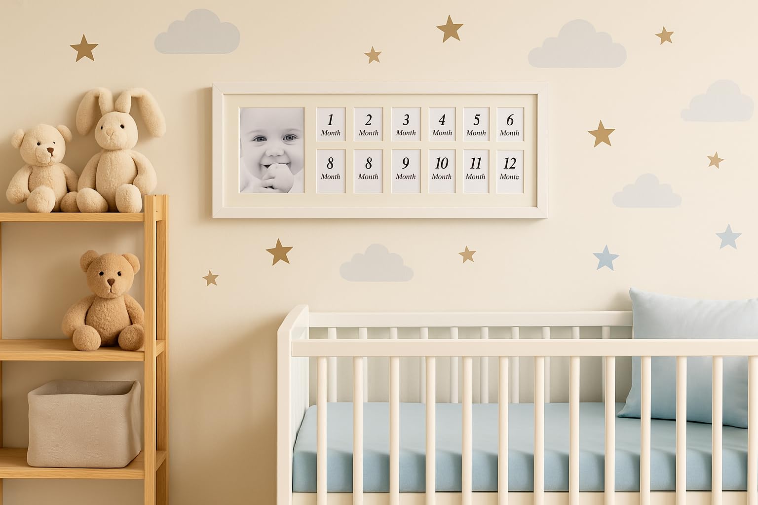 Marco de Fotos Bebe Madera, Multiple 12 Meses Primer Año, 65x30 cm Blanco, Portafotos Multifotos Recien Nacido, Collage Pared Mesa, Decoración Habitación Infantil, Regalo Original