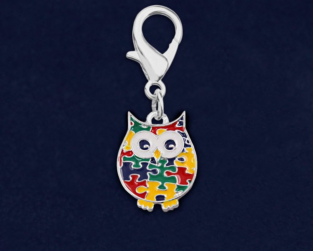25 Pack Autism Owl Hanging Charms with Puzzle Pieces– Cute Autism/Asperger’s Owl Charms for Dog/Pet/Cat Collars, Purses, Zipper Pulls